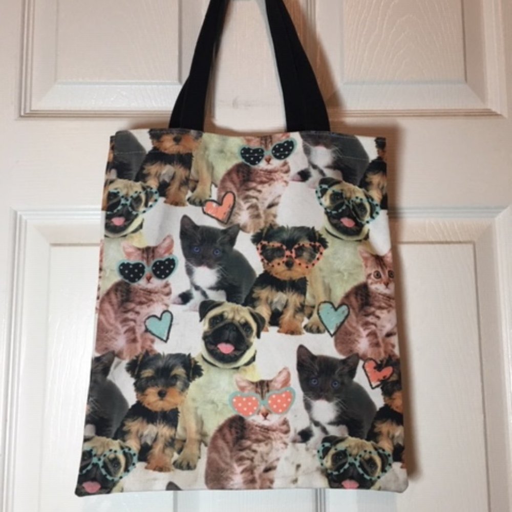 Dogs/Cats w/Sunglasses Animal Print Hearts Textured Fabric Tote Bag 12.5"x14"